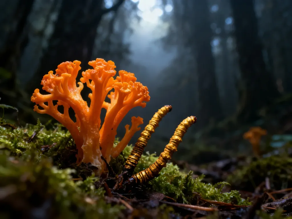 Pomarańczowe grzyby Cordyceps rosnące na mchu w klimatycznym, zamglonym lesie.