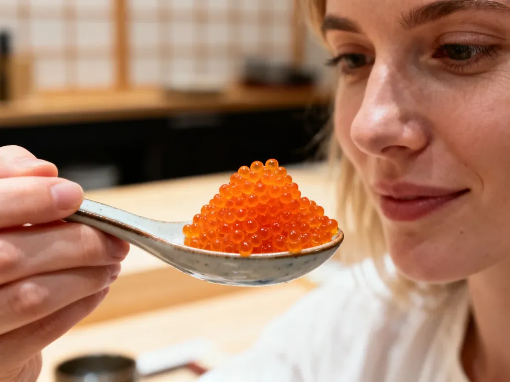 Pomarańczowa ikra tobiko na ceramicznej łyżeczce, prezentująca apetyczny wygląd i strukturę japońskiego przysmaku.