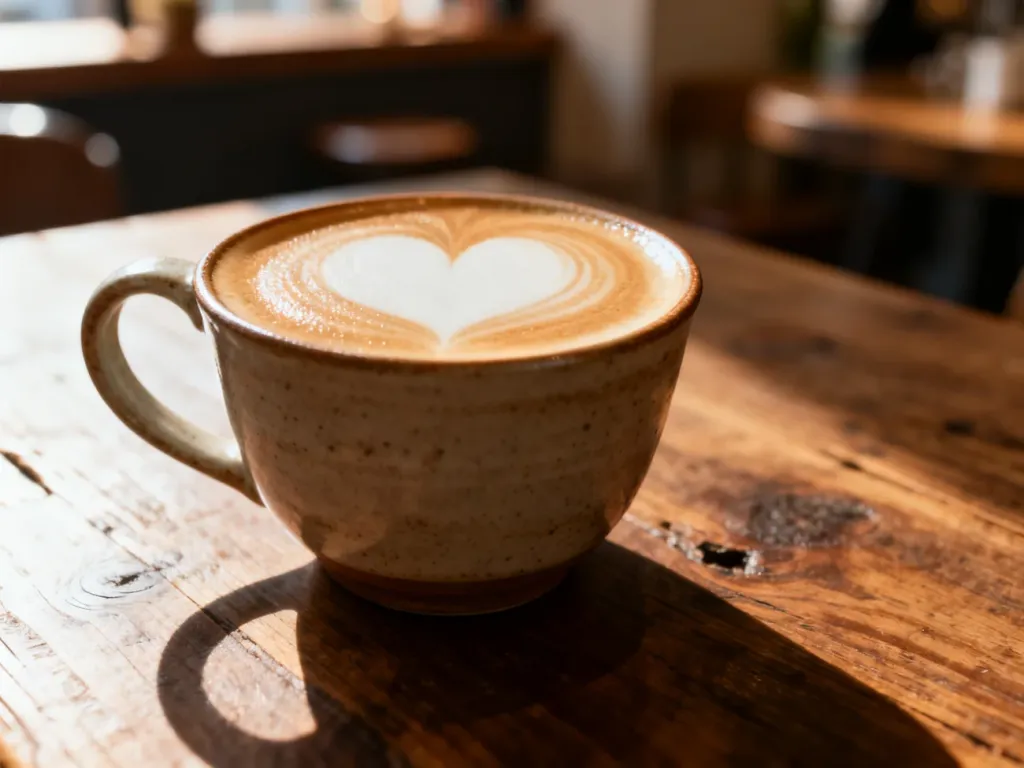 Idealnie przygotowana kawa flat white z wzorem serca na piance, podana w ceramicznej filiżance na drewnianym stole.