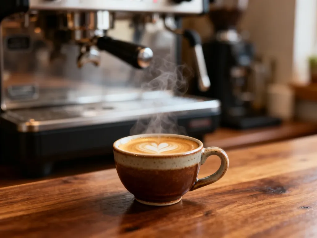 Parująca filiżanka podwójnego espresso z gęstą cremą na drewnianym stole w kawiarnianym klimacie.