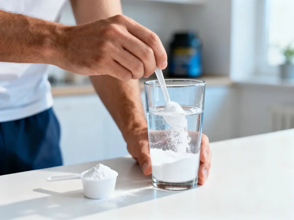 Rozpuszczanie proszku L-glutaminy w szklance wody