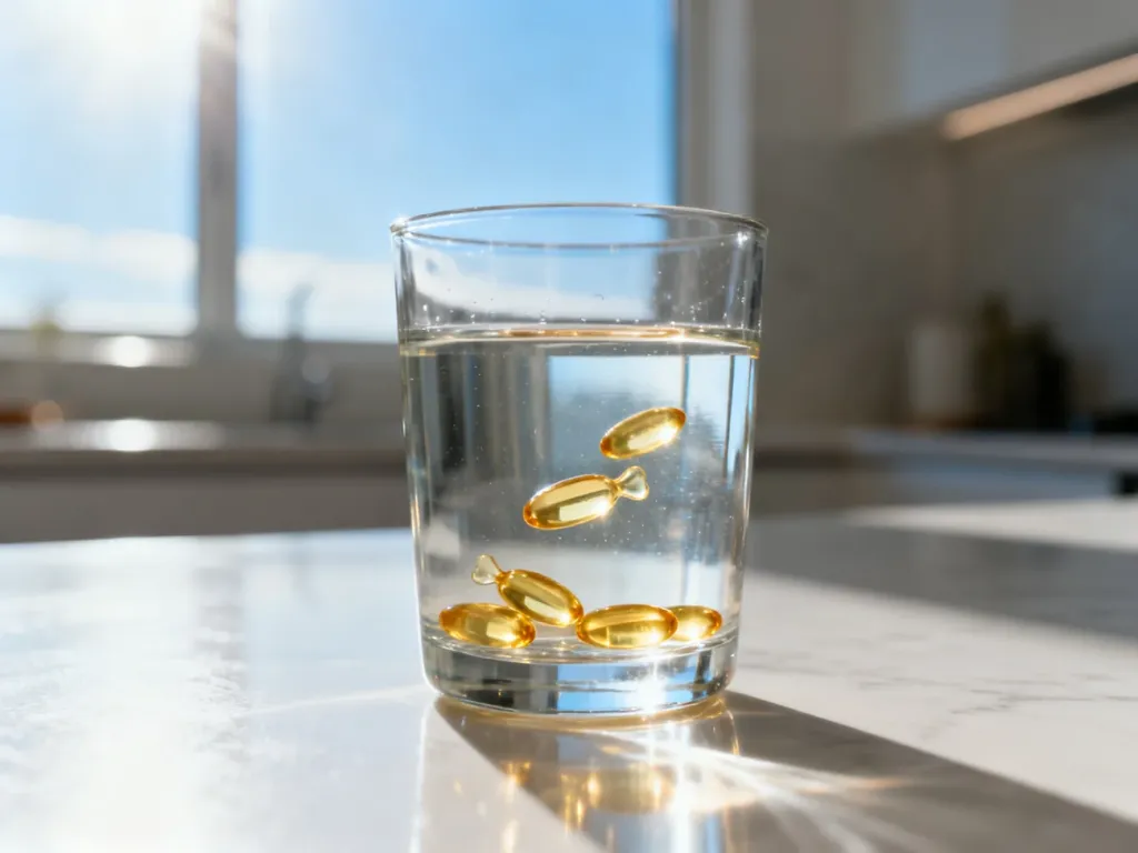 Złote kapsułki z kwasami omega-3 w szklance wody w promieniach porannego słońca.