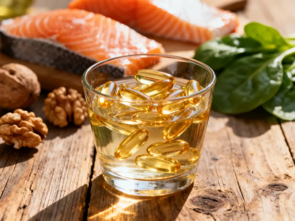 Złociste kapsułki z kwasami omega-3 na drewnianym stole w otoczeniu łososia, orzechów włoskich i świeżego szpinaku.