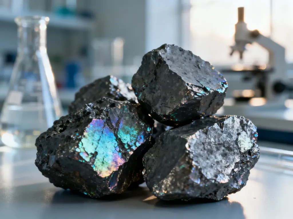 Surowe bryłki rudy manganu o metalicznym połysku na tle laboratoryjnego sprzętu.