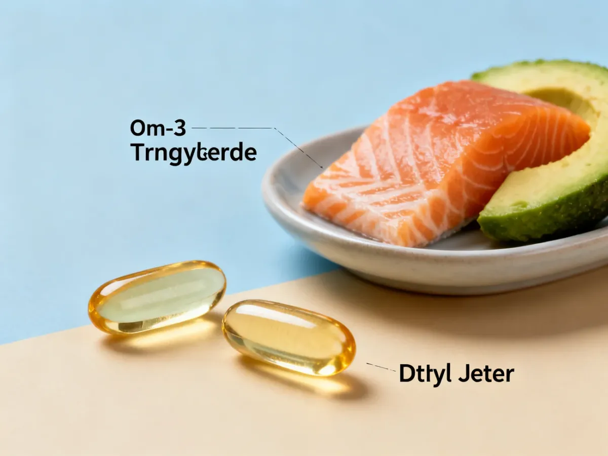 Kapsułki omega-3 obok posiłku zawierającego zdrowe tłuszcze