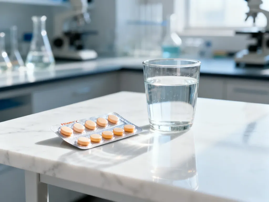 Blister tabletek witaminy C i szklanka wody na marmurowym blacie w otoczeniu laboratoryjnym.