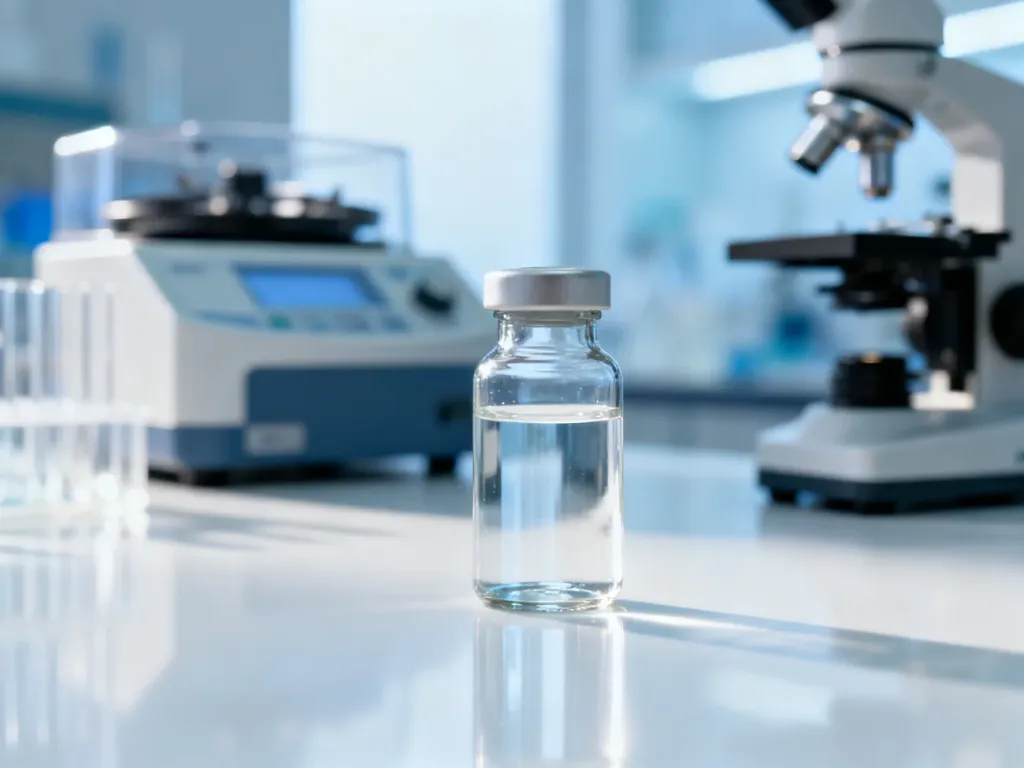 Szklana fiolka z przezroczystym preparatem peptydowym w sterylnym laboratorium medycznym.