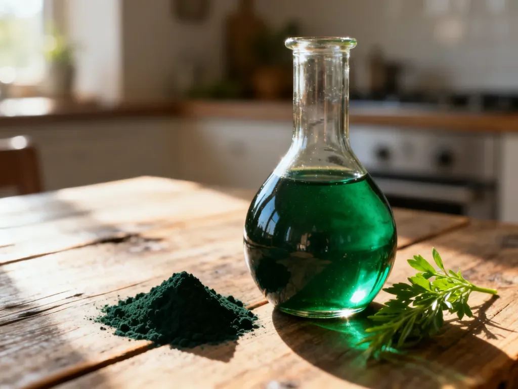 Szklana butelka z zielonym maceratem ze spiruliny na drewnianym stole, obok której znajduje się proszek spiruliny i zioła.