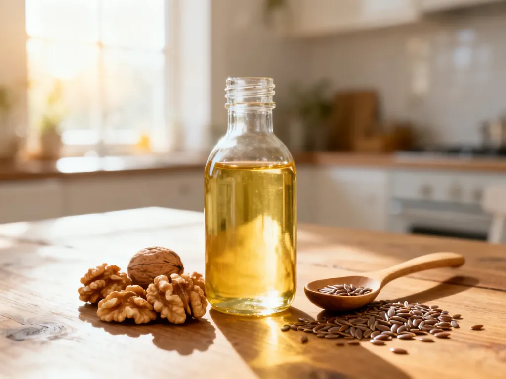 Butelka tranu, orzechy włoskie i nasiona lnu na drewnianym stole, ilustrujące naturalne źródła kwasów omega-3.