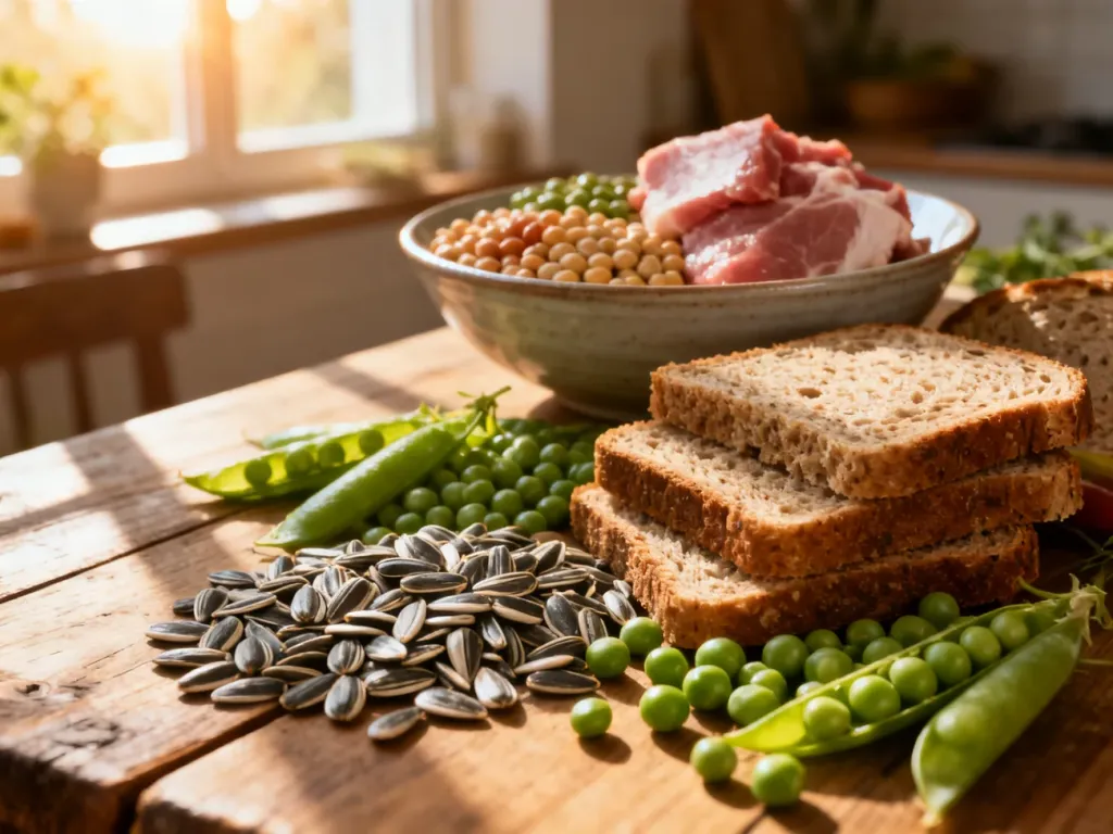 Różnorodne produkty spożywcze bogate w witaminę B1, w tym nasiona słonecznika, zielony groszek, pełnoziarnisty chleb i mięso.