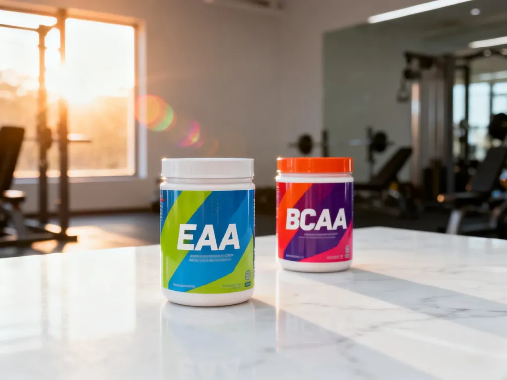 Dwa kolorowe opakowania suplementów EAA i BCAA na marmurowym blacie w nowoczesnej siłowni.