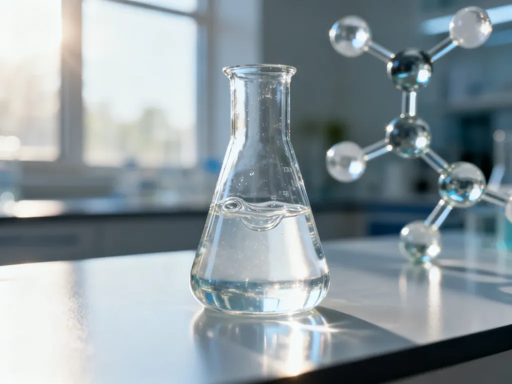 Szklana zlewka z płynnym kolagenem na tle modelu struktury molekularnej w profesjonalnym laboratorium.
