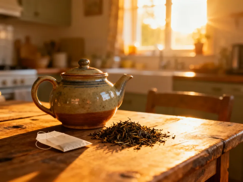 Porównanie herbaty liściastej w ceramicznym dzbanku oraz herbaty w torebce na drewnianym stole w słonecznej kuchni.