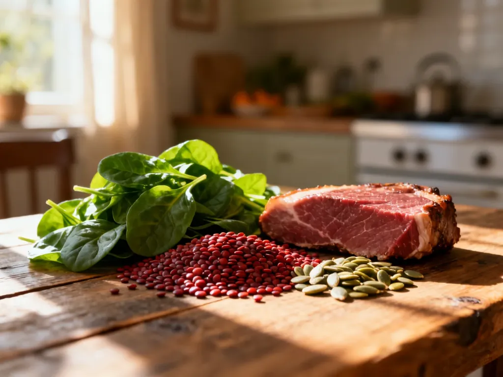 Różnorodne produkty bogate w żelazo, takie jak szpinak, soczewica, pestki dyni i mięso, ułożone na drewnianym stole.