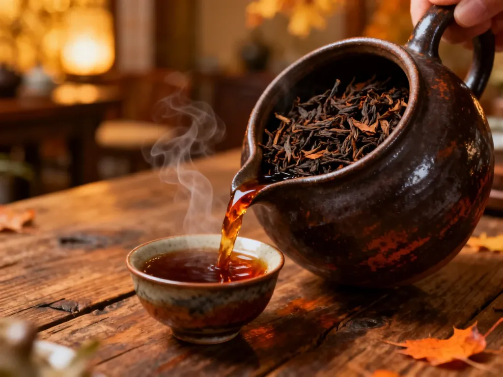 Ciemny napar herbaty pu-erh przelewany z ceramicznego czajnika do filiżanki w przytulnym wnętrzu.