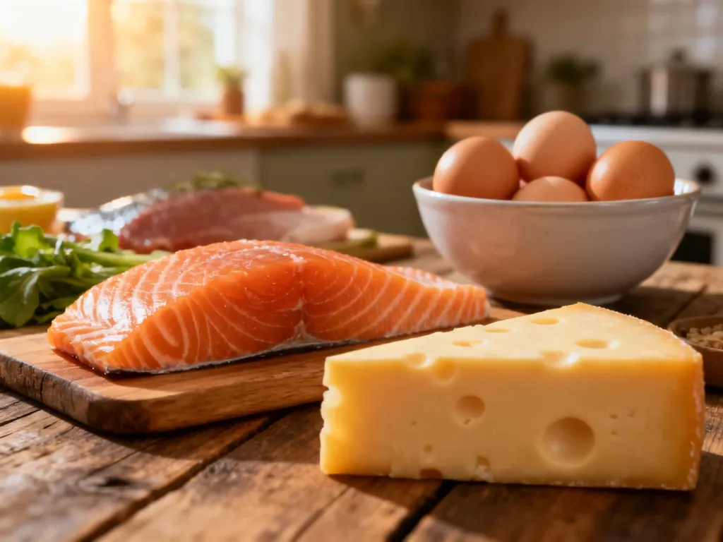 Produkty bogate w witaminę B12, takie jak łosoś, jajka i ser szwajcarski, wyeksponowane na rustykalnym drewnianym stole.
