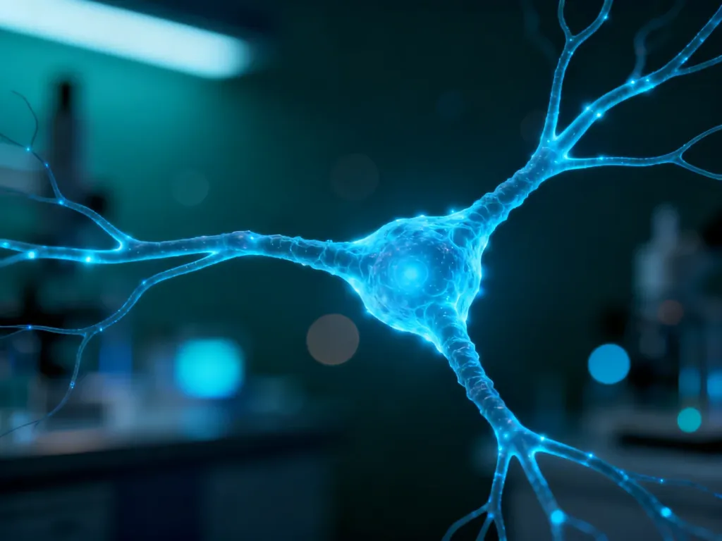 Stylizowane połączenie komórek nerwowych emitujące niebieskie światło, symbolizujące procesy neurologiczne.