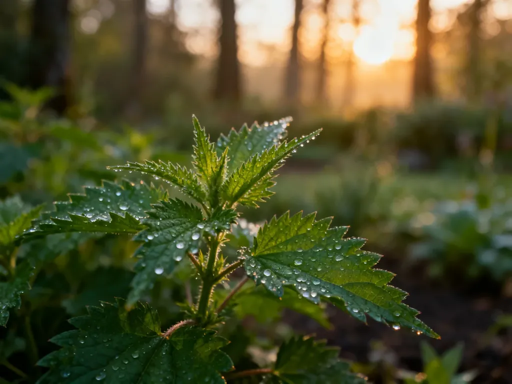 Świeże liście pokrzywy z kroplami rosy w porannym świetle, podkreślające naturalne właściwości lecznicze rośliny.