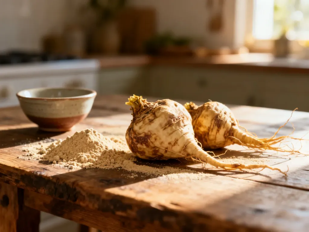 Surowe korzenie maca oraz proszek na drewnianym stole, podkreślające naturalne pochodzenie i organiczny charakter produktu.