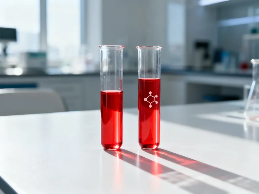 Dwie szklane fiolki z czerwoną cieczą na laboratoryjnym stole, symbolizujące różne formy witaminy B12.