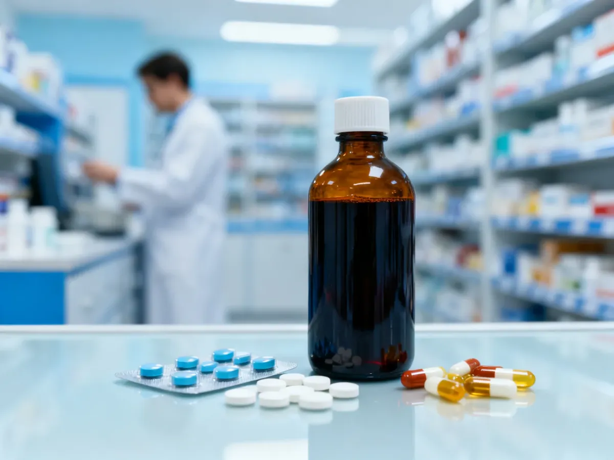 Butelka roztworu jodu obok tabletek i kapsułek w aptece