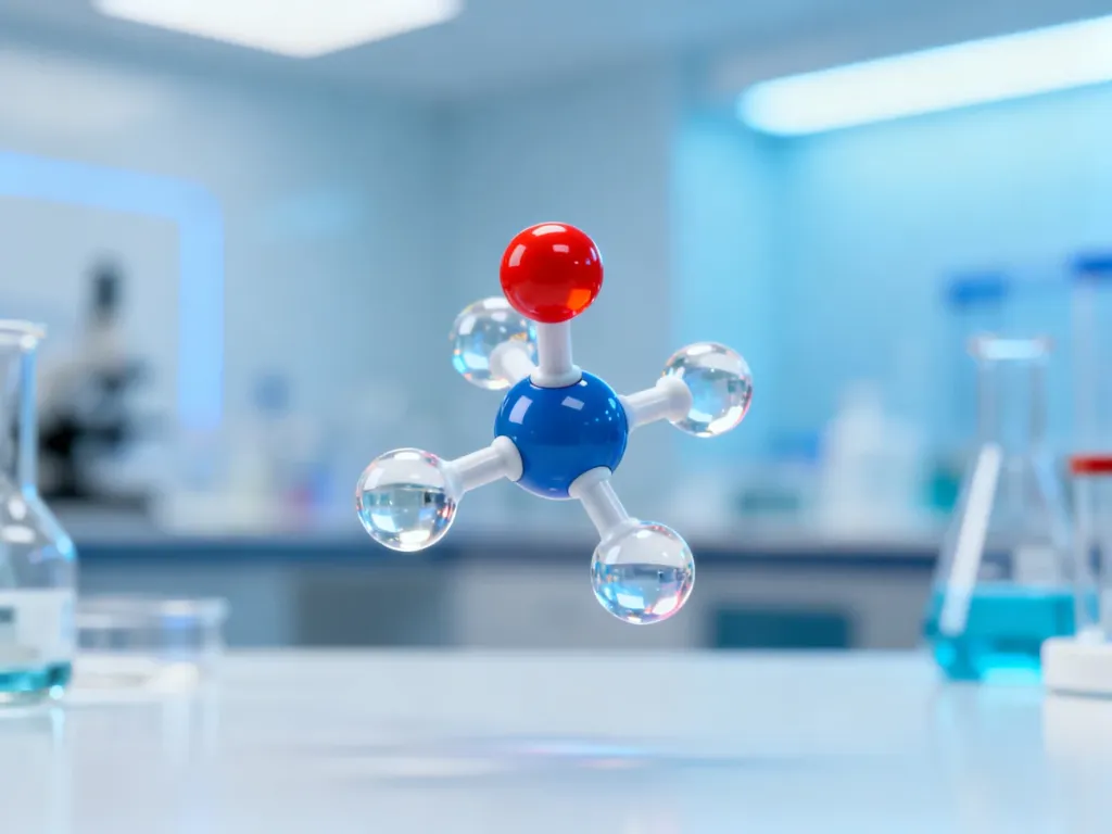 Model cząsteczki aminokwasu L-cysteiny w zbliżeniu na minimalistycznym tle laboratoryjnym.