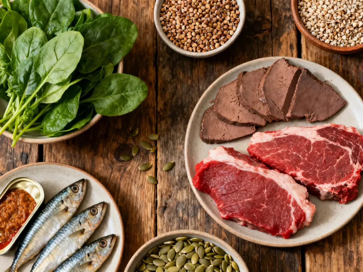 Produkty bogate w żelazo, w tym wątróbka, soczewica, pestki dyni i szpinak