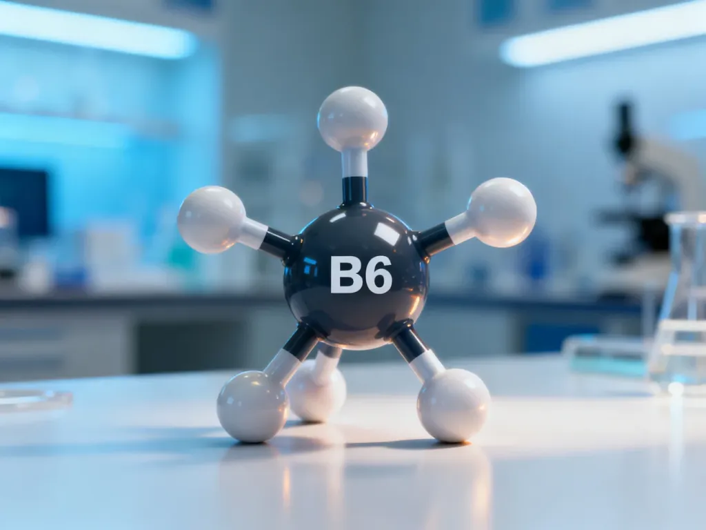 Model cząsteczki witaminy B6 (pirydoksyny) na laboratoryjnym stole, ilustrujący strukturę chemiczną związku.