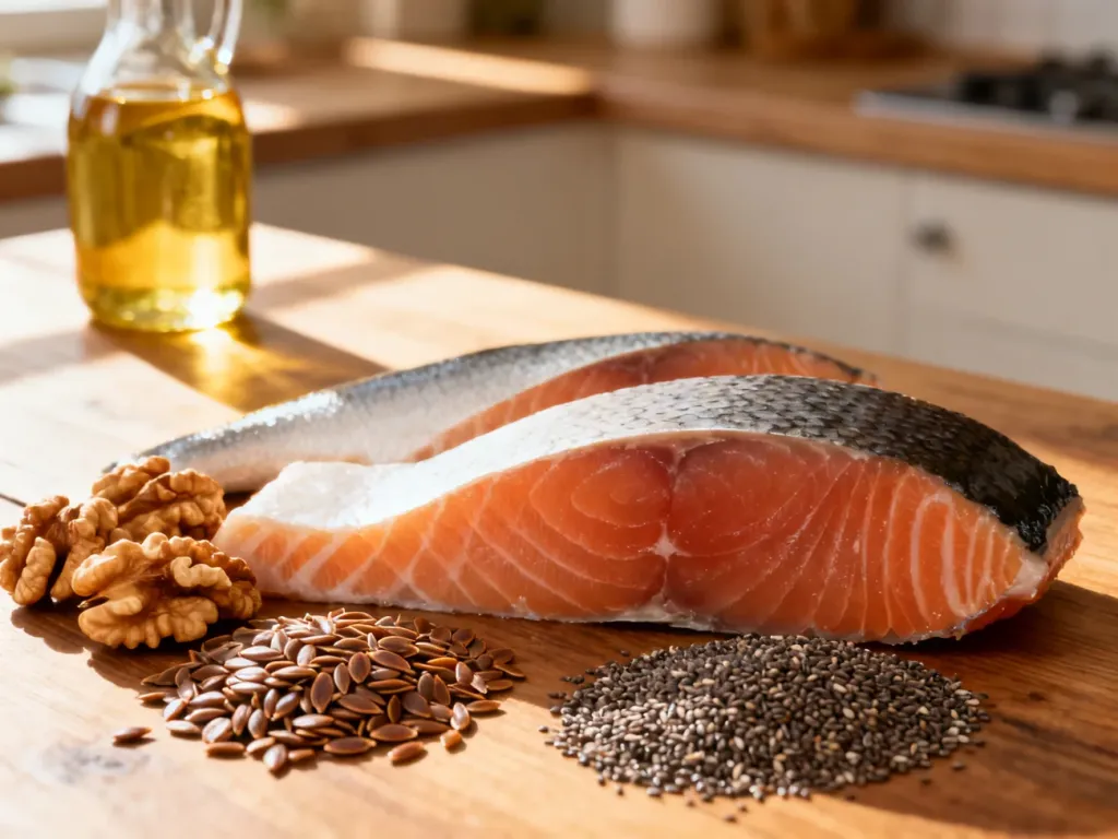 Świeże filety rybne, orzechy włoskie, nasiona lnu i chia oraz olej lniany jako źródła kwasów omega-3 na drewnianym stole.