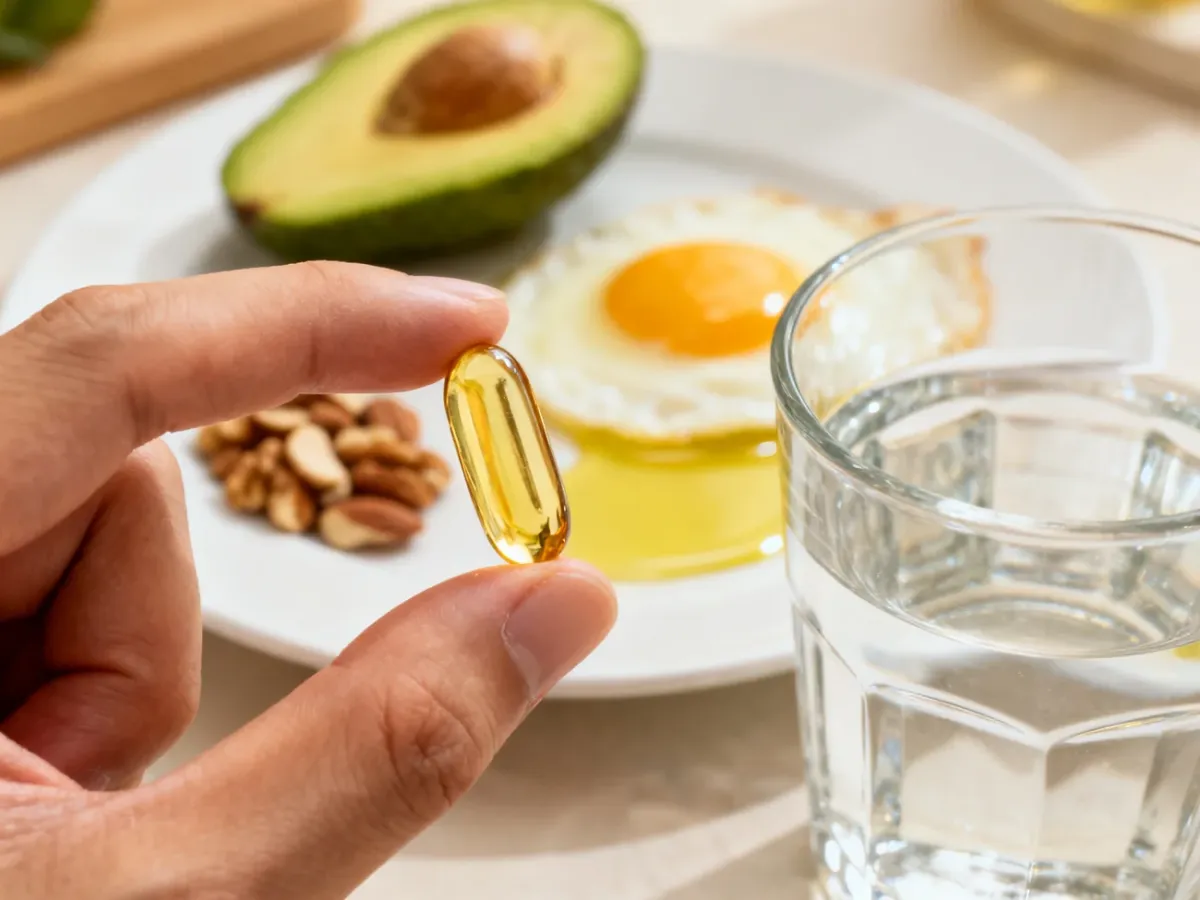 Kapsułka omega-3 przy zdrowym posiłku zawierającym tłuszcz i szklance wody