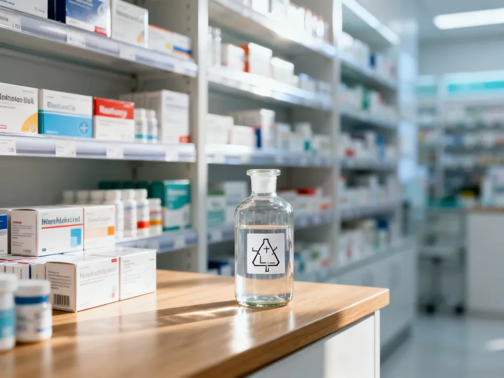 Półka w nowoczesnej aptece z różnorodnymi lekami i suplementami oraz szklana butelka z preparatem chemicznym na ladzie.