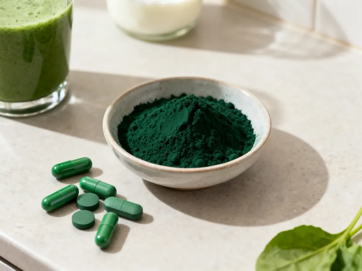 Proszek, tabletki i kapsułki spiruliny obok składników do koktajlu
