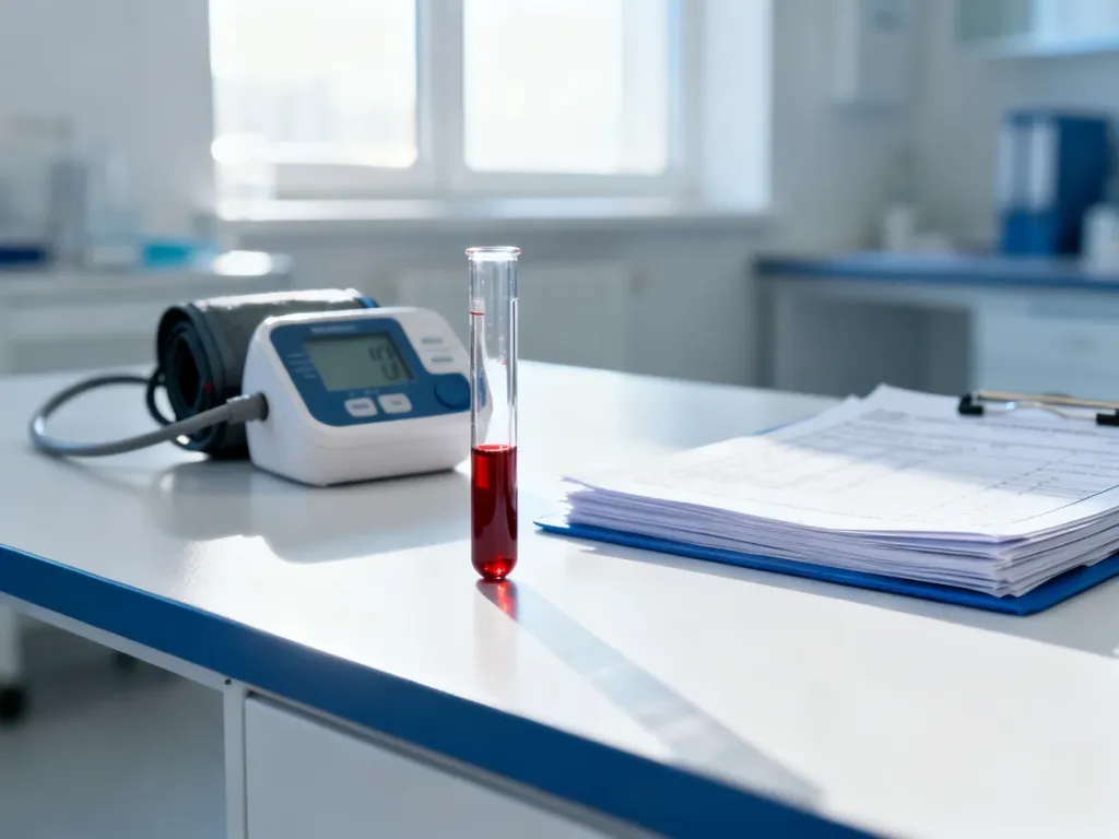 Probówka z krwią, ciśnieniomierz i wyniki badań na stole w nowoczesnym laboratorium medycznym.