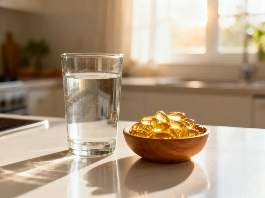 Szklanka wody i miseczka z kapsułkami omega-3 na kuchennym blacie w promieniach porannego słońca.