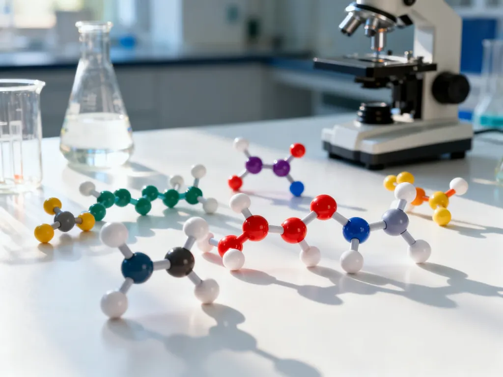Kolorowe modele struktur cząsteczkowych aminokwasów na laboratoryjnym stole, symbolizujące budowę białek.