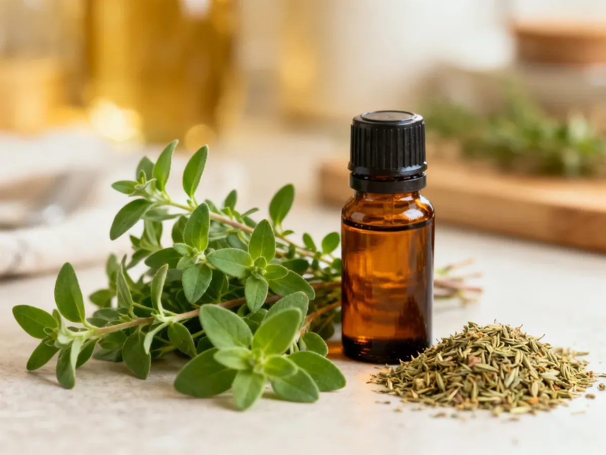 Butelka olejku z oregano obok świeżych i suszonych liści oregano