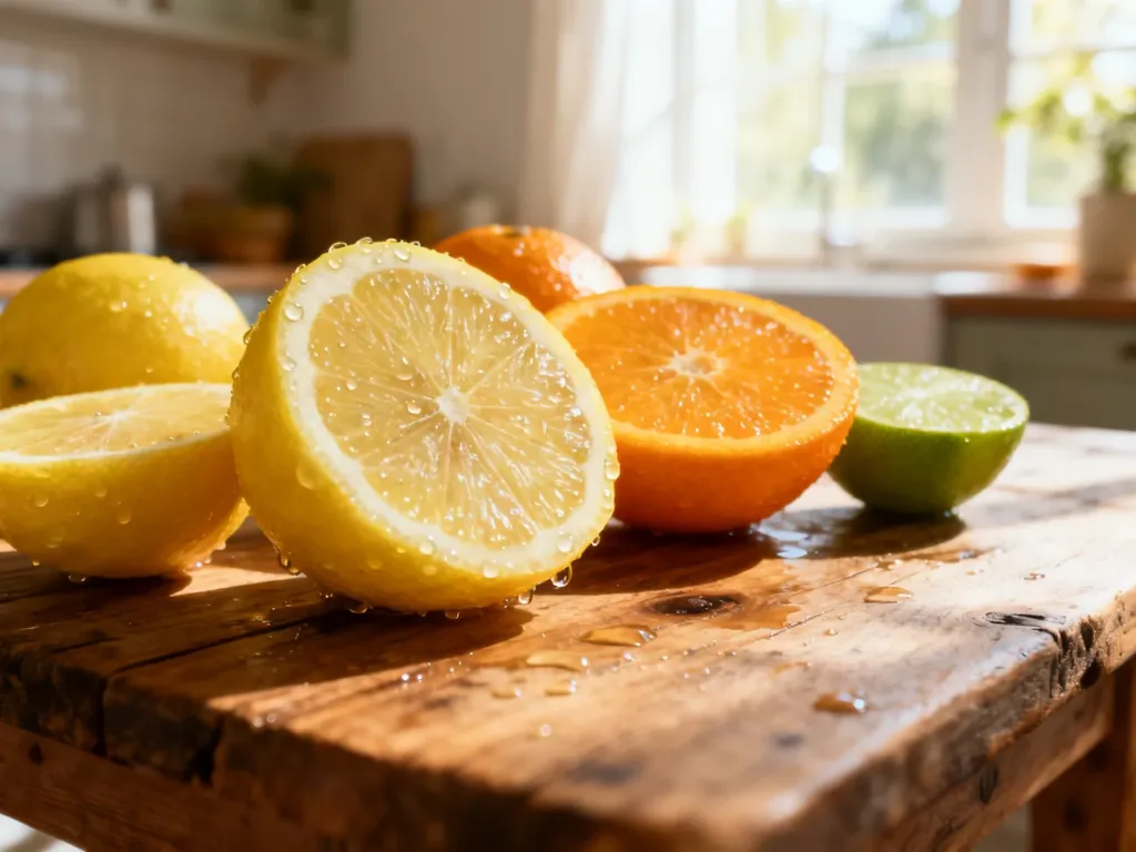 Świeże cytrusy, takie jak cytryny, pomarańcze i limonki, leżące na rustykalnym stole w słonecznej kuchni.