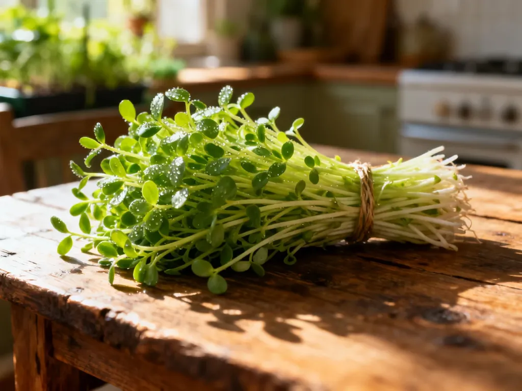 Pęczek świeżych kiełków lucerny na drewnianym stole, podkreślający naturalny i zdrowy charakter rośliny.