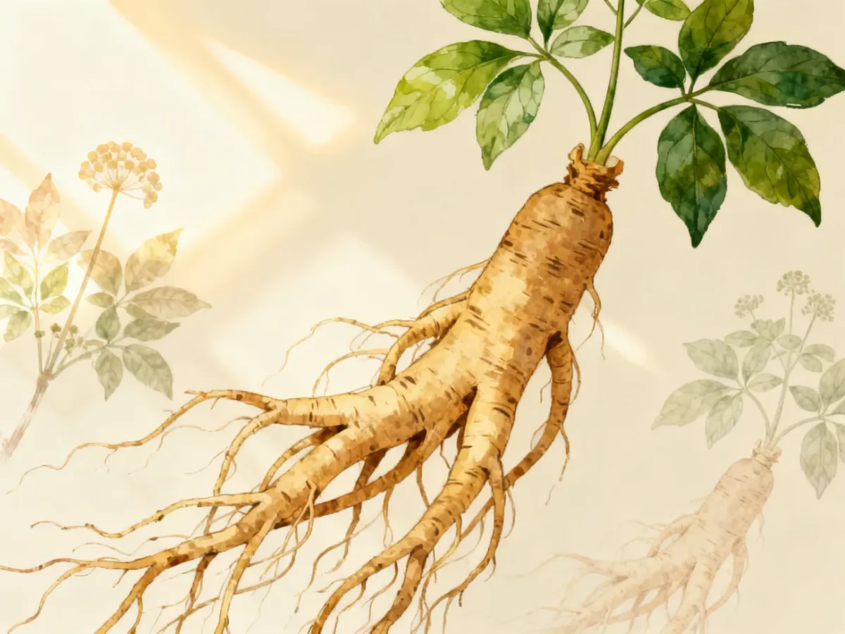 Korzeń żeń-szenia właściwego z liśćmi na tle naturalnej kompozycji botanicznej