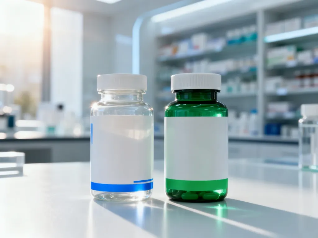 Dwie buteleczki suplementów z witaminą B12 w różnych formach, ustawione na jasnym, laboratoryjnym blacie.