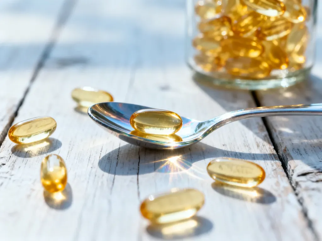 Złote kapsułki z kwasami omega-3 na drewnianym stole i szklanej łyżeczce, prezentujące suplementy diety.