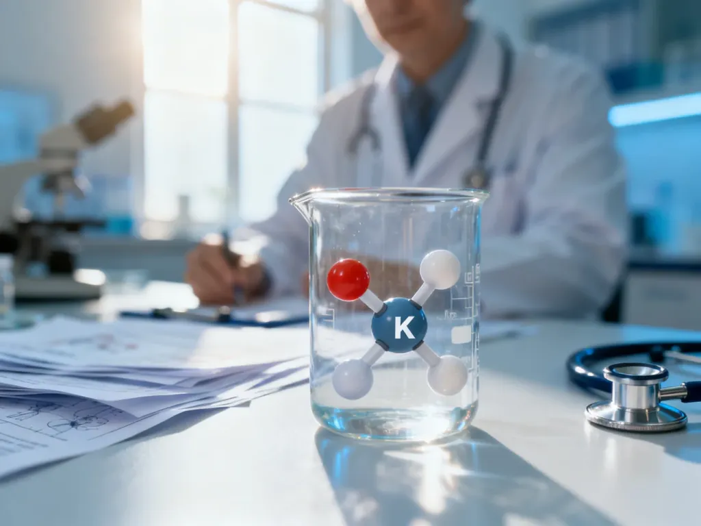 Model cząsteczki witaminy K w szklanej zlewce na tle laboratoryjnego biurka ze stetoskopem i dokumentami.