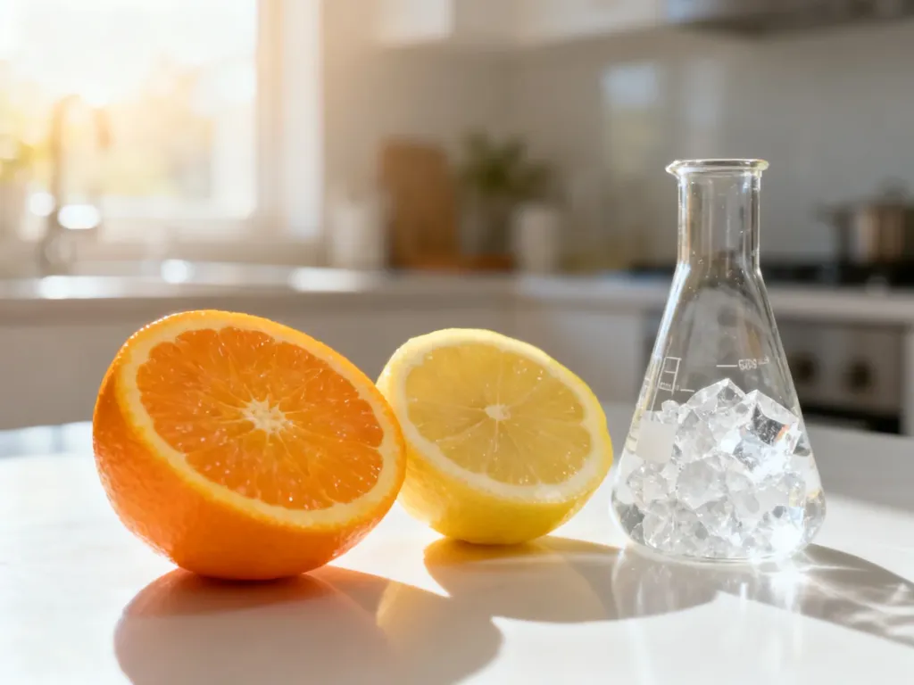 Świeże cytrusy obok szklanej zlewki z kryształkami, symbolizujące zestawienie naturalnej witaminy C z syntetyczną.