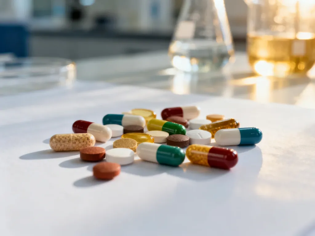 Kolorowe tabletki i kapsułki suplementów diety rozłożone na białym blacie w sterylnym, laboratoryjnym otoczeniu.