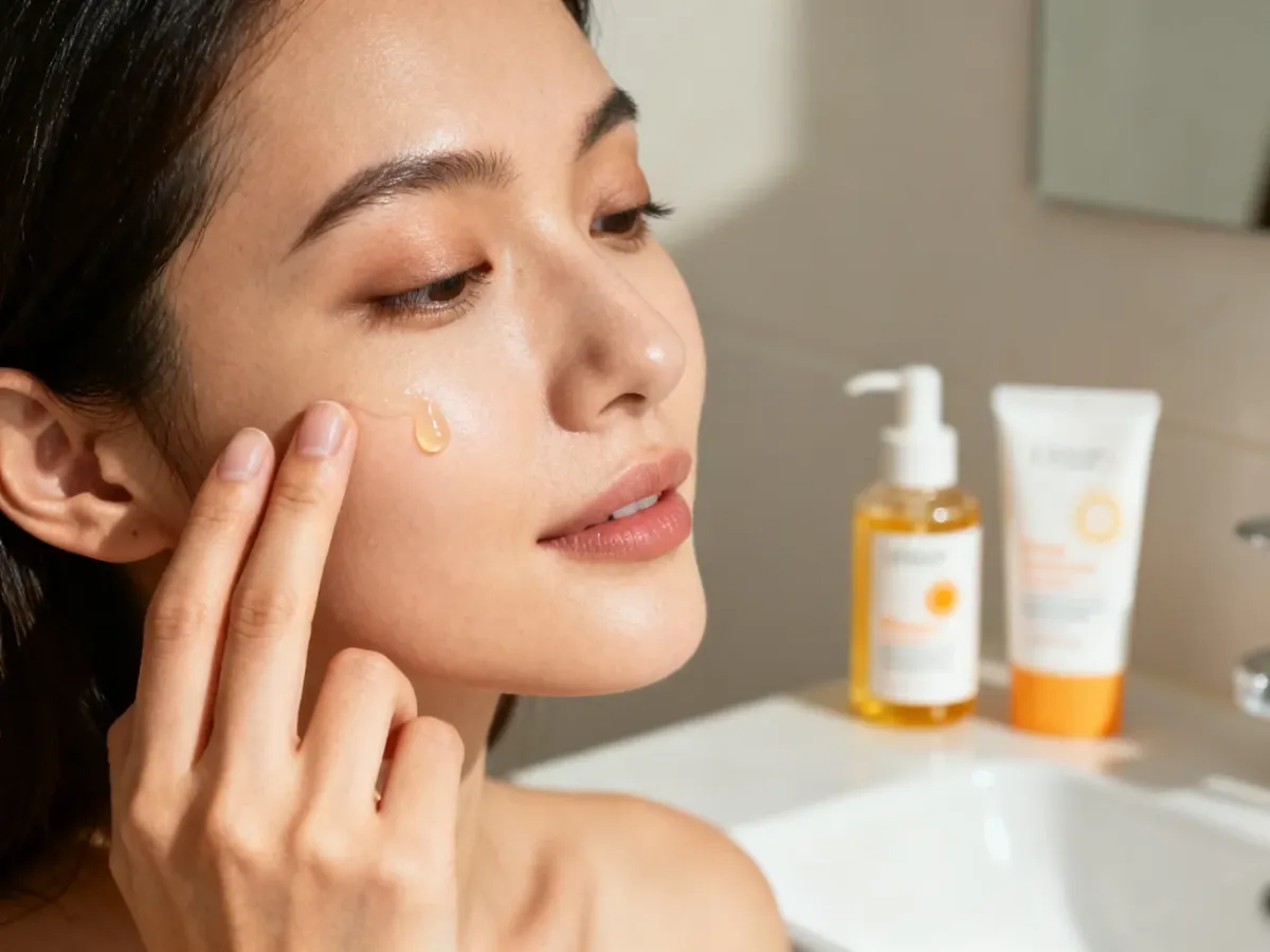 A person applying vitamin C serum during a morning skincare routine