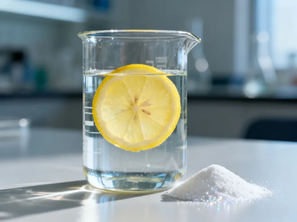 Szklana zlewka z cytryną i proszkiem kwasu askorbinowego w laboratoryjnej scenerii, ilustrująca temat witaminy C.